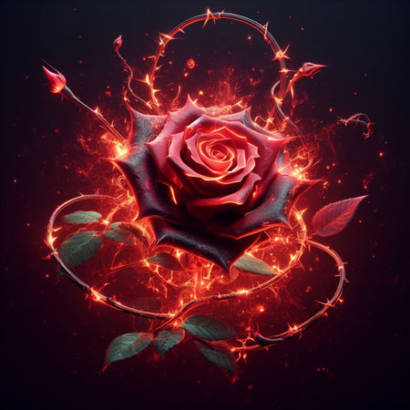 Red rose on a black background with red lights. 3d renderingの素材
