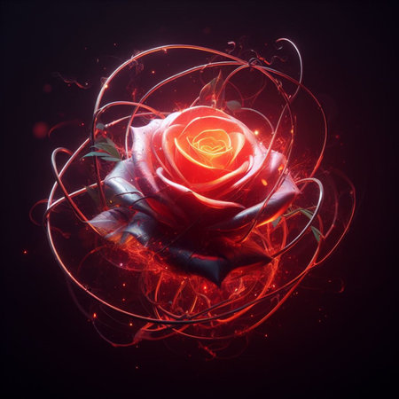 Abstract red rose on a dark background. 3D illustration. Fantasy.の素材