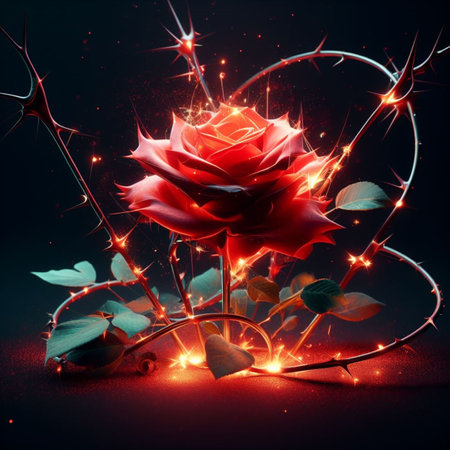 Red rose on a dark background with sparkles and place for textの素材