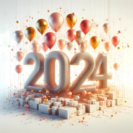 Happy new year 2014 celebration background with balloons and numbers 3D renderingの素材