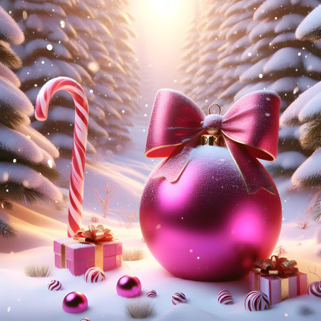 Christmas background with candy cane and Christmas ball in the snow. 3D illustration.の素材