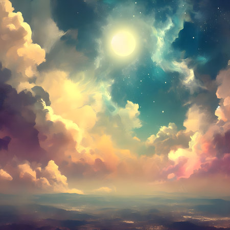 Sky with clouds and sun. Nature background. 3D illustration.の素材