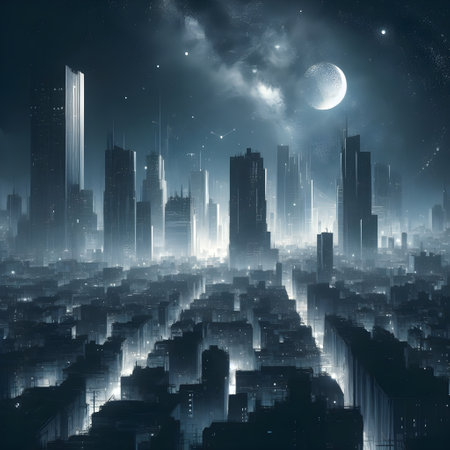 Futuristic city at night with moon and stars. 3D renderingの素材