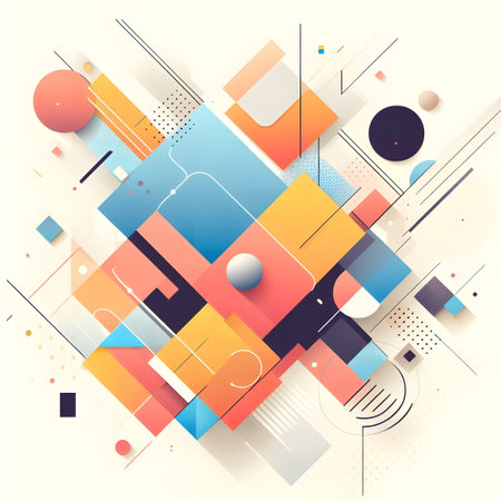 Abstract geometric background with colorful rectangles and circles.の素材