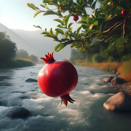 Pomegranate fruit in the river. 3D rendering.の素材