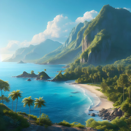 Beautiful seascape with palm trees and mountains on the horizonの素材