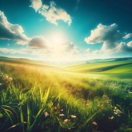 Beautiful summer landscape with green meadow and blue sky with cloudsの素材