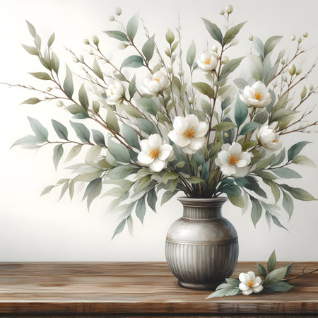 Vase with white flowers and eucalyptus branches on wooden tableの素材