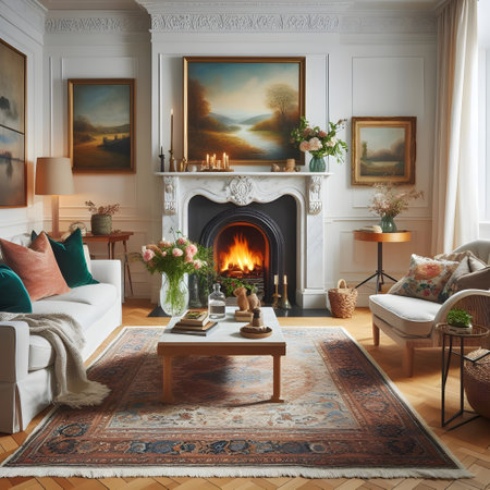 interior of classic living room with fireplace, sofa, armchair and flowersの素材