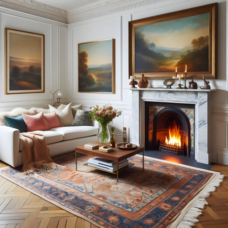 Classic living room interior with fireplace, sofa, coffee table and paintings on the wall. 3d renderの素材