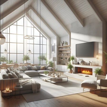 Interior of attic living room with fireplace and wooden floor, 3d renderの素材
