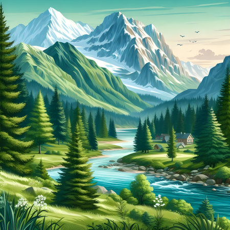 Beautiful mountain landscape with lake and forest. Vector illustration in cartoon styleの素材