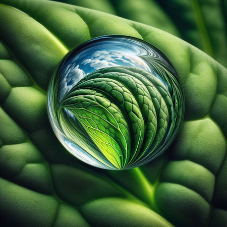 abstract background with green leafs and glass sphere in the centerの素材