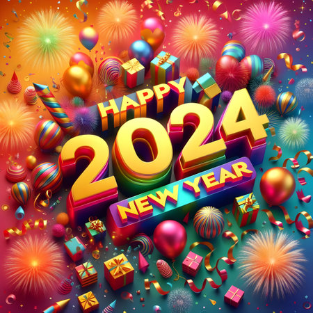 Happy New Year 2014 celebration background with fireworks and gift boxes. Vector illustration.の素材
