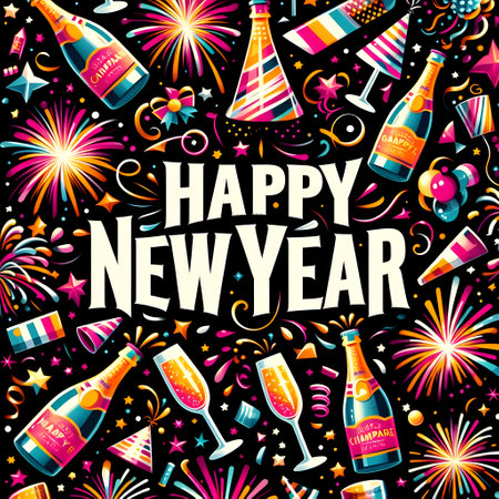 Happy New Year lettering with fireworks and champagne bottle. Vector illustration.の素材