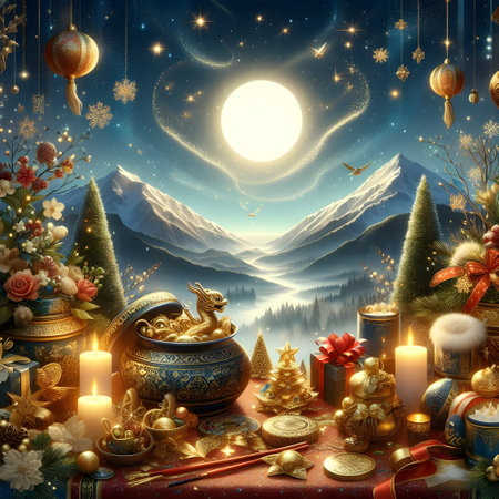Christmas background with a pot of gold, candles, Christmas trees, gifts, snowflakes, deer, mountains and a full moonの素材