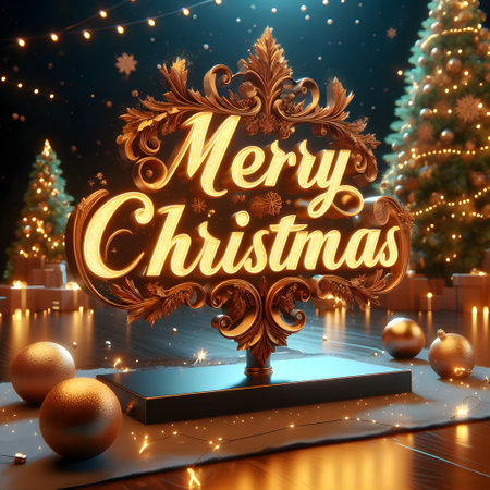 Merry Christmas and Happy New Year greeting card with 3d golden text, golden Christmas tree and snowflakesの素材