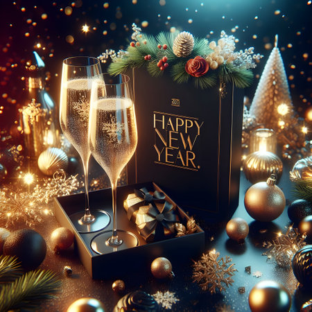 New Year and Christmas greeting card with champagne glasses, gift box, fir branches, Christmas tree and decorations on dark backgroundの素材