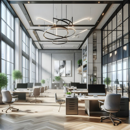 Contemporary office interior with daylight. Workplace and lifestyle concept. 3D Renderingの素材