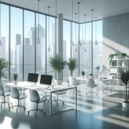 Modern office interior with furniture and city view. 3D Renderingの素材