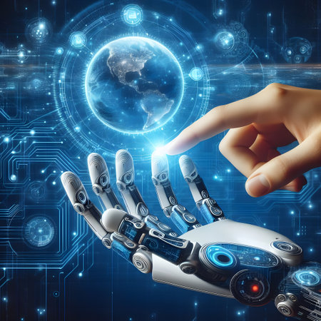 3d rendering robot hand touching digital earth hologram on blue backgroundの素材