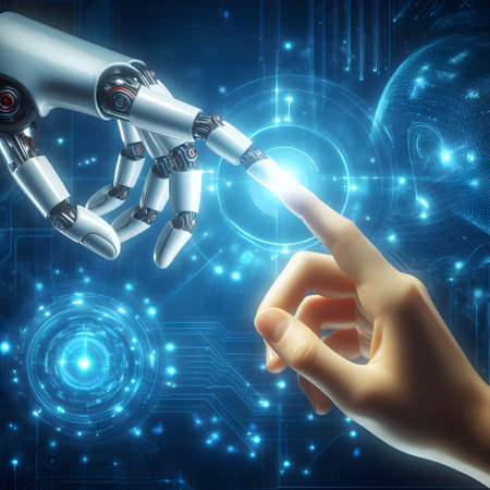 3d rendering robot hand touching human finger on futuristic technology interface backgroundの素材