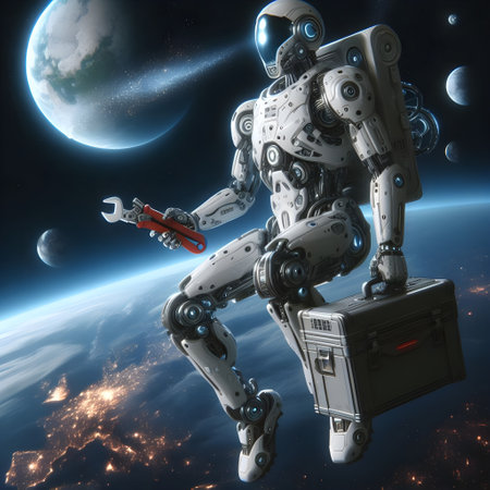 Robot holding a spanner and a suitcase in front of the planetの素材