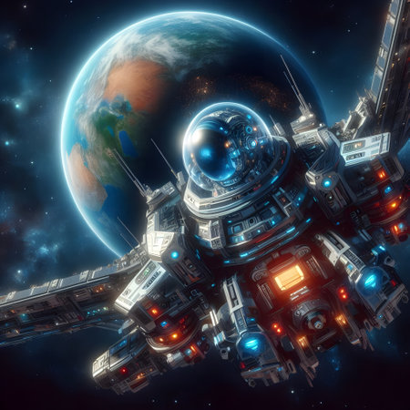 Astronaut in outer space with planet. 3D illustration.の素材