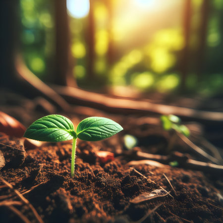 Green seedling illustrating concept of new life in the early stage of lifeの素材