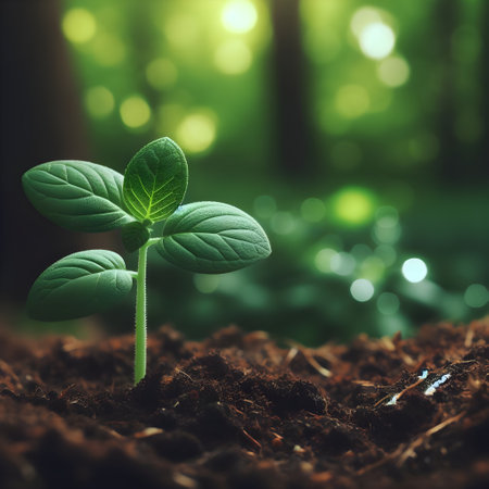 Green seedling growing in soil on blurred background. Ecology concept.の素材