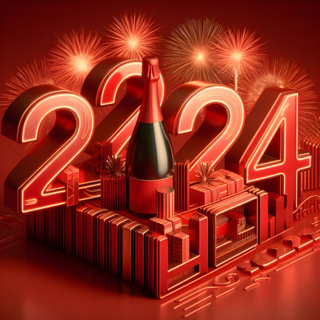Happy New Year 2014 with champagne and gift boxes. 3D renderingの素材
