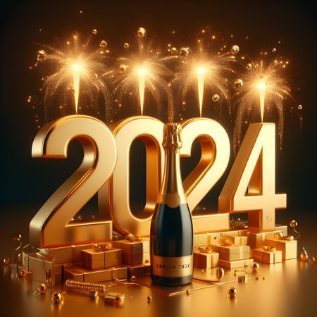 Happy New Year 2014 celebration with champagne bottle and fireworks. 3D Renderの素材