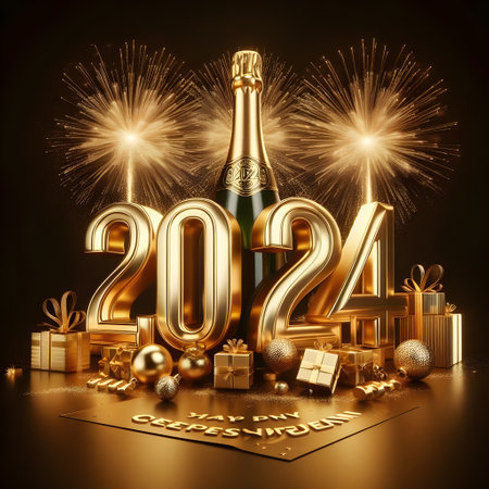 Happy New Year and Merry Christmas greeting card with champagne bottle, golden numbers 2022, gift boxes and fireworks on black backgroundの素材