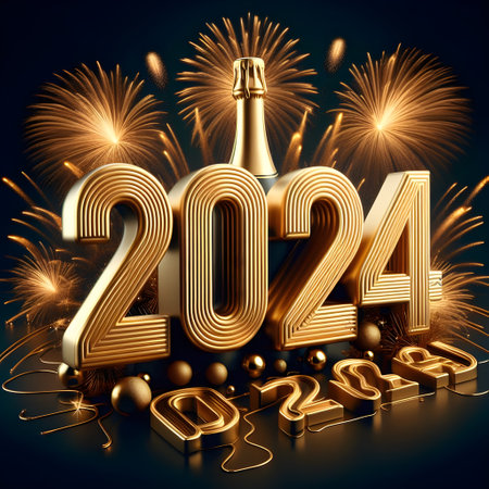 Happy New Year 2024 with champagne bottle and fireworks. 3D illustrationの素材