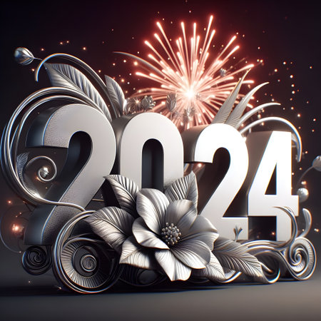 Happy New Year 2014 with silver flowers and fireworks - 3d illustrationの素材