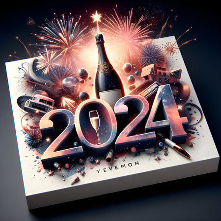 Happy New Year 2014 with fireworks and bottle of champagne. 3D illustrationの素材