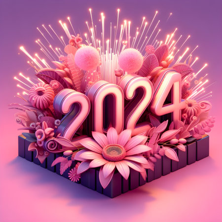 Happy New Year 2014. 3D illustration of a gift box with flowers and fireworks.の素材