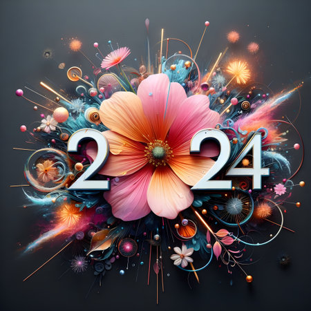 Happy New Year 2014. Abstract floral background with flowers and fireworks.の素材