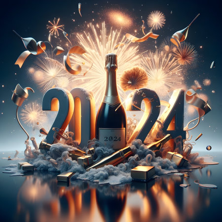 New year celebration with champagne, fireworks and gift box. 3D renderingの素材