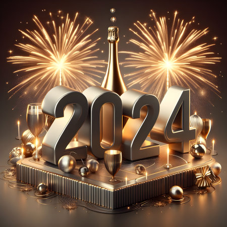 Happy New Year background with champagne bottle, fireworks and gift box.の素材