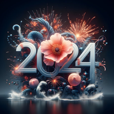 New Year 2014 fireworks and poppies on dark background. 3D illustrationの素材