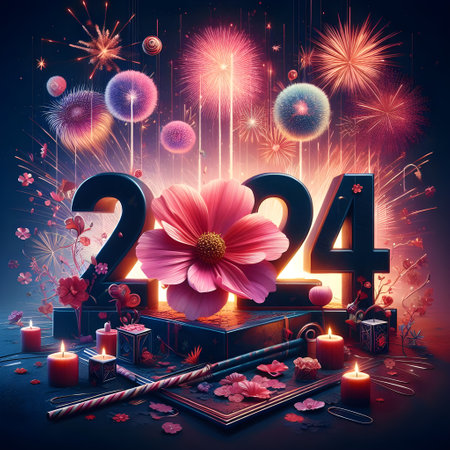 Happy new year 2014 with firework and flowers, 3D illustrationの素材