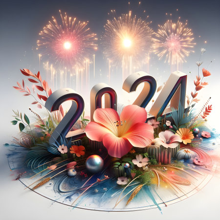 New Year's Eve celebration with fireworks and flowers, 3d renderの素材
