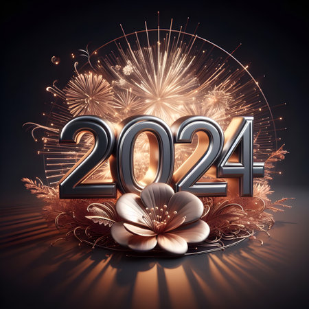 Happy new year 2014 with flower and fireworks on dark background 3D illustrationの素材