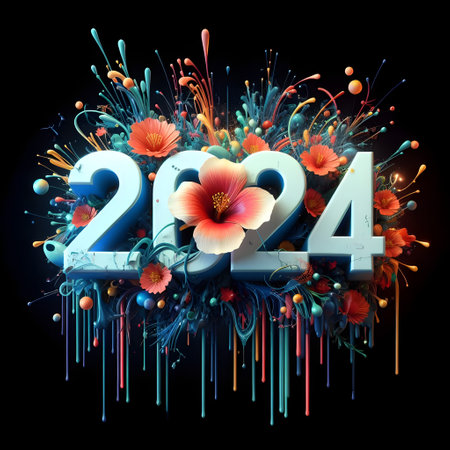 New Year 2014 with flowers and fireworks on black background. 3d illustrationの素材