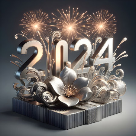 Happy new year 2014 with gift box and fireworks. 3D illustrationの素材