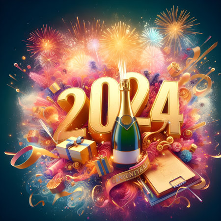 Happy New Year 2014 celebration background with champagne bottle, gift box and fireworksの素材
