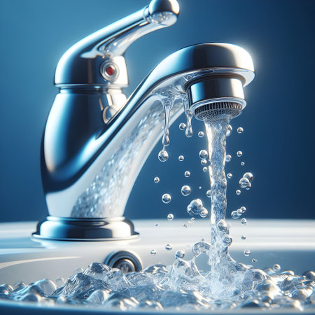 Water tap with water drops on blue background. 3D illustration.の素材