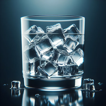 Ice cubes in a glass of water on a dark background. 3d renderingの素材