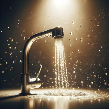 Shower head with falling water drops. Showering concept.の素材